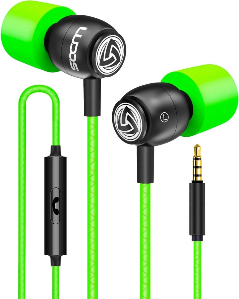 LUDOS Clamor Wired Earbuds in-Ear Headphones, 5 Years Warranty, Earphones with Microphone, Noise Isolating Ear Buds, Memory Foam for iPhone, Samsung, School Students, Kids, Women, Small Ears - Green - Image 1